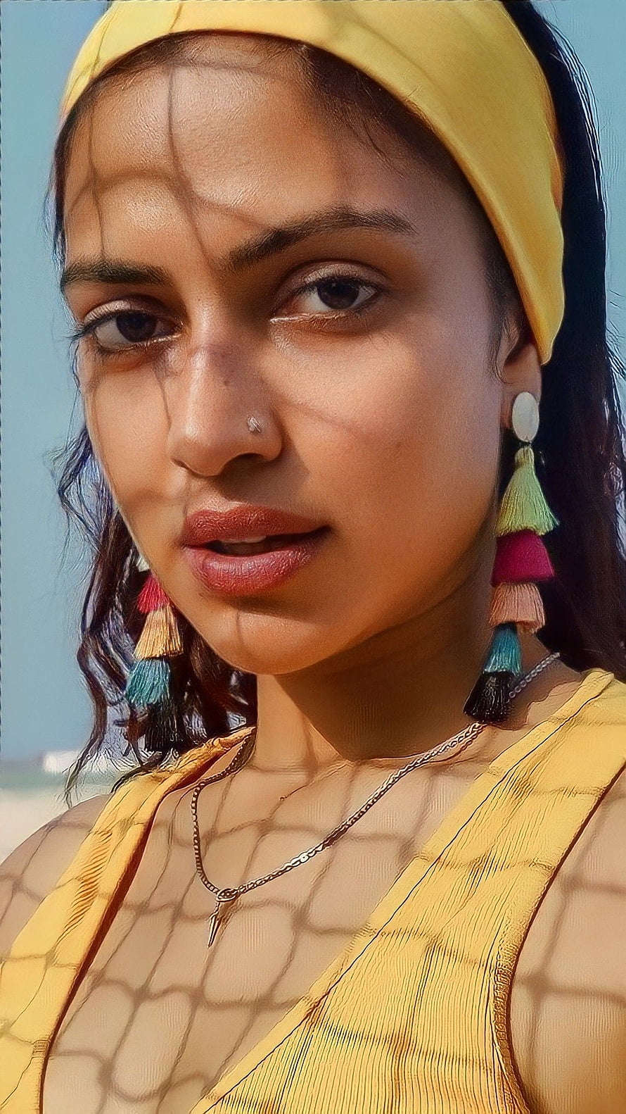 Amala Paul Portrait in Yellow Headband and Tassel Earrings HD phone wallpaper