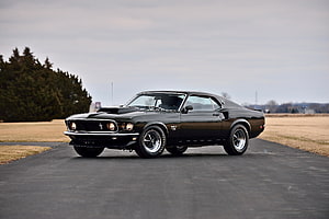 Black Ford Mustang Boss 429 Classic Muscle Car on Asphalt Road HD wallpaper