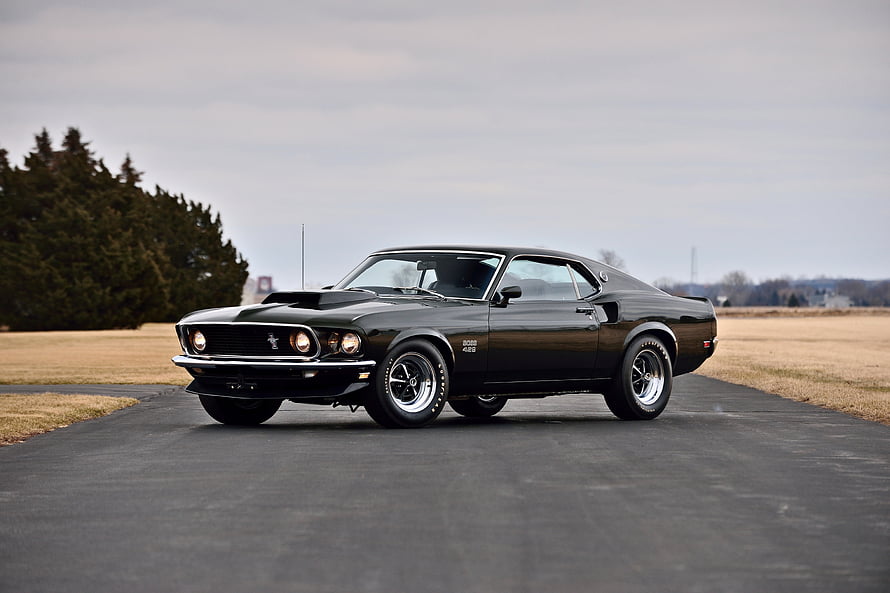 Black Ford Mustang Boss 429 Classic Muscle Car on Asphalt Road HD wallpaper