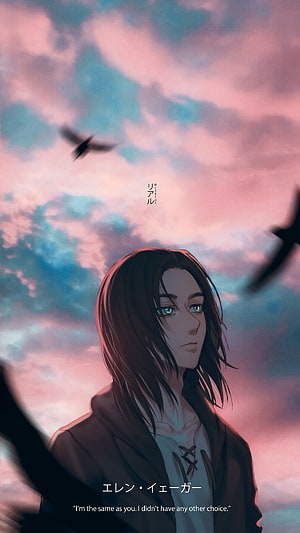 Eren Yeager from Attack on Titan Gazing at a Pink and Blue Sky with Birds in Flight HD phone wallpaper
