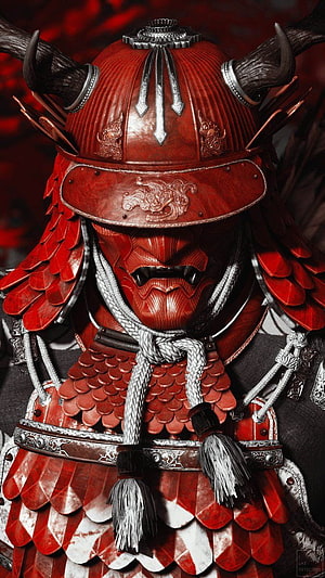 Ghost of Tsushima Red Samurai Armor with Horned Helmet and Dragon Mask HD phone wallpaper