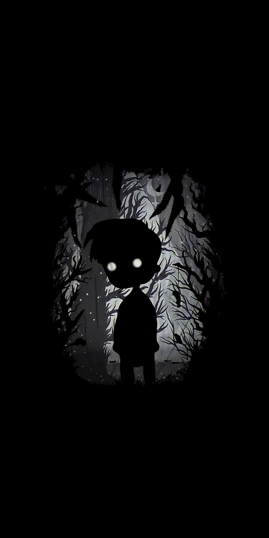 Silhouette of a small character with glowing eyes standing in a dark, spooky forest at night HD phone wallpaper