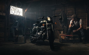 Vintage Motorcycle in Rustic Barn with Biker Smoking Pipe HD wallpaper
