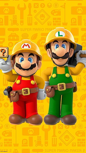 Super Mario Maker 2 Mario and Luigi in Construction Hard Hats and Overalls HD phone wallpaper
