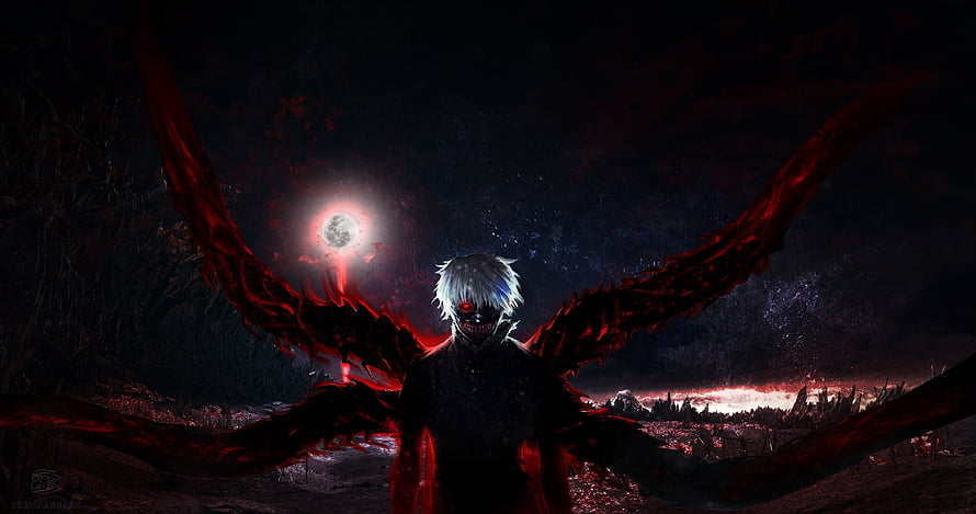 Dark anime character with red wings and glowing eyes under a blood moon HD wallpaper