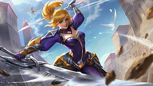 Fanny from Mobile Legends in dynamic action pose wielding dual swords in a fantasy city HD wallpaper