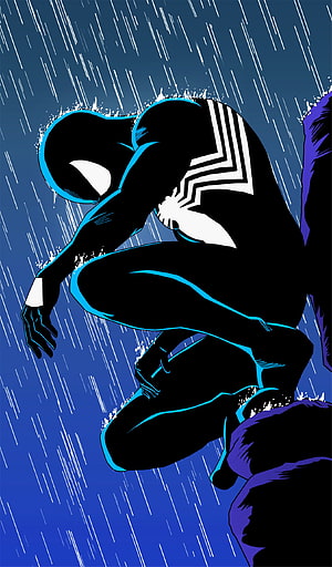 Spider-Man in Black Suit Crouching in Rainy Night Scene, Black suit Spider-Man, marvel, comics HD phone wallpaper