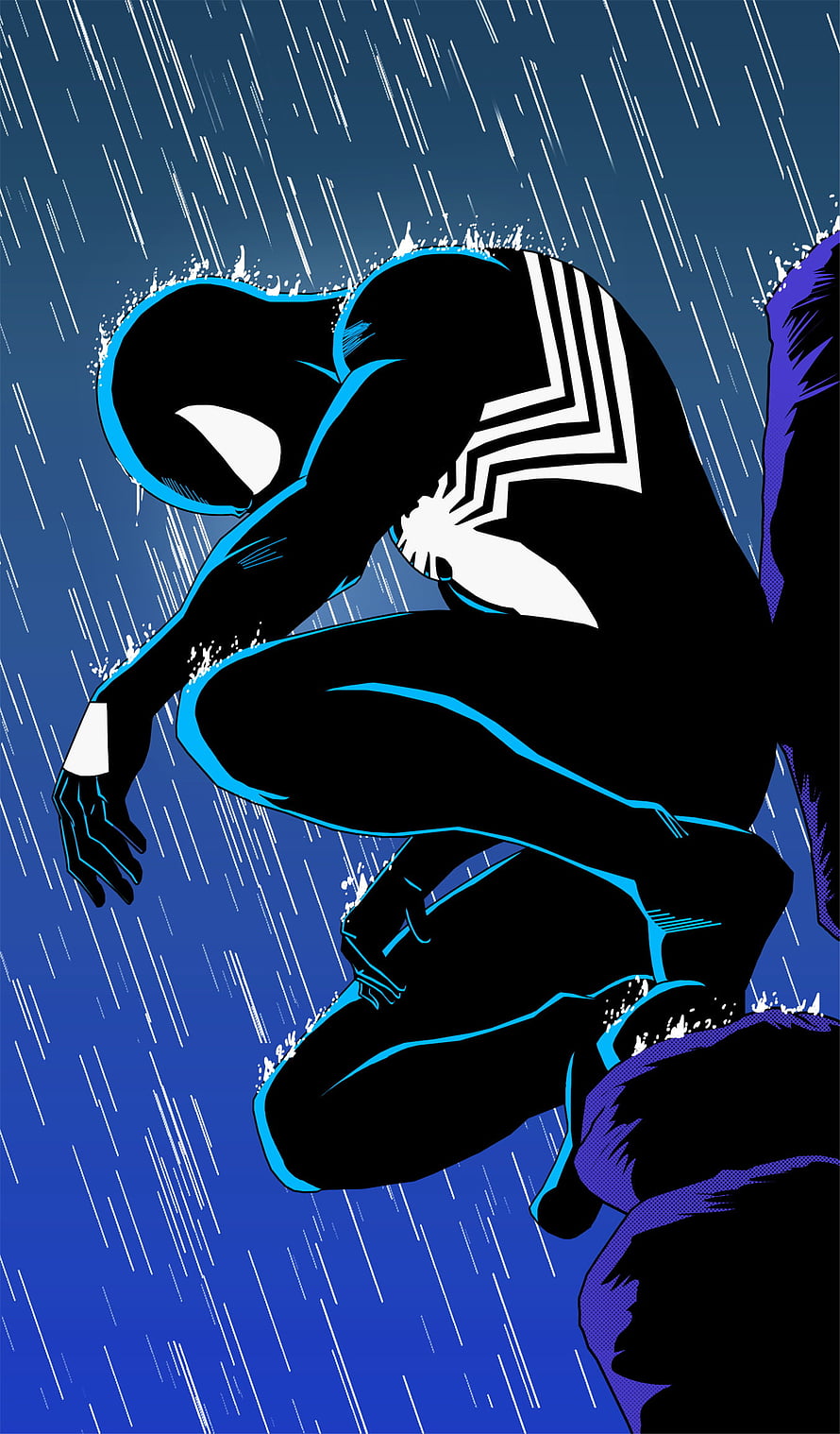 Spider-Man in Black Suit Crouching in Rainy Night Scene, Black suit Spider-Man, marvel, comics HD phone wallpaper