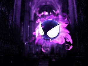 Gengar Floating in a Dark Gothic Cathedral with Purple Ghostly Aura HD wallpaper