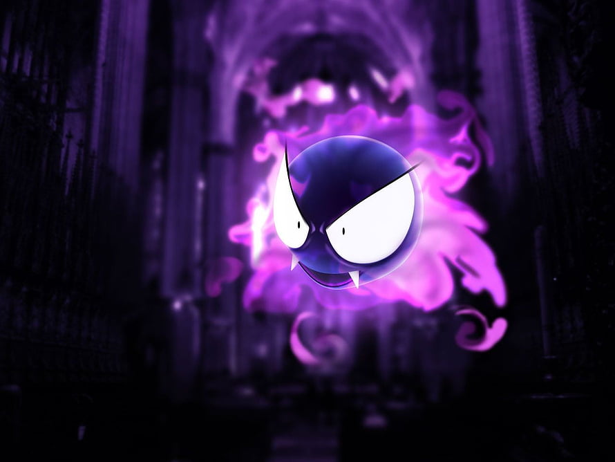 Gengar Floating in a Dark Gothic Cathedral with Purple Ghostly Aura HD wallpaper