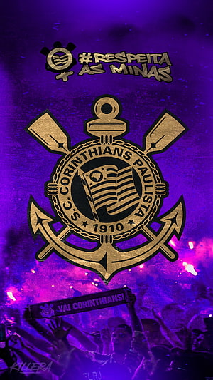 Corinthians Paulista Gold Emblem on Purple Stadium Background with Fan Crowd HD phone wallpaper