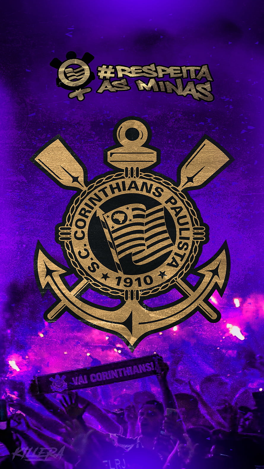 Corinthians Paulista Gold Emblem on Purple Stadium Background with Fan Crowd HD phone wallpaper