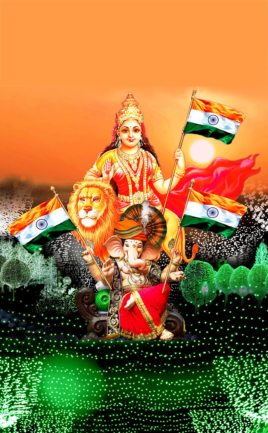 Goddess Durga and Lord Ganesha with Indian Flags on Lion HD phone wallpaper