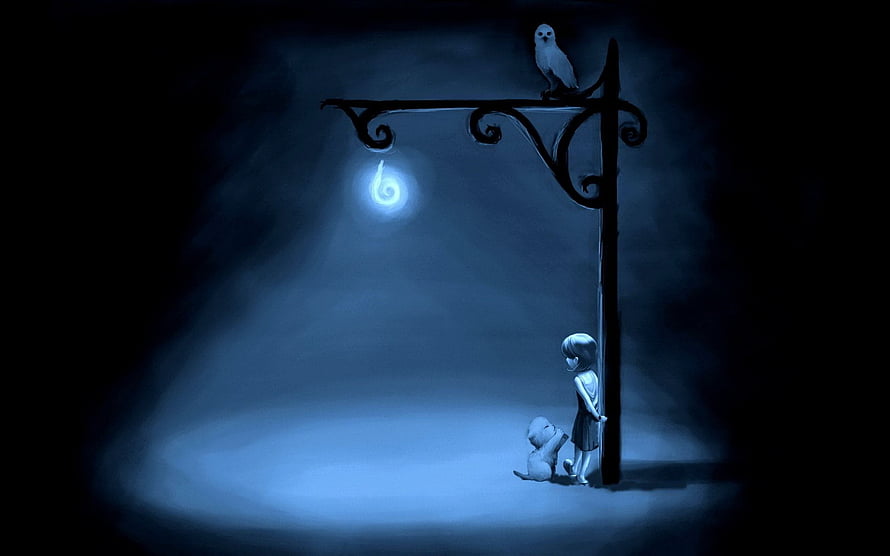 Lonely Girl and Dog Under a Glowing Street Lamp at Night HD wallpaper