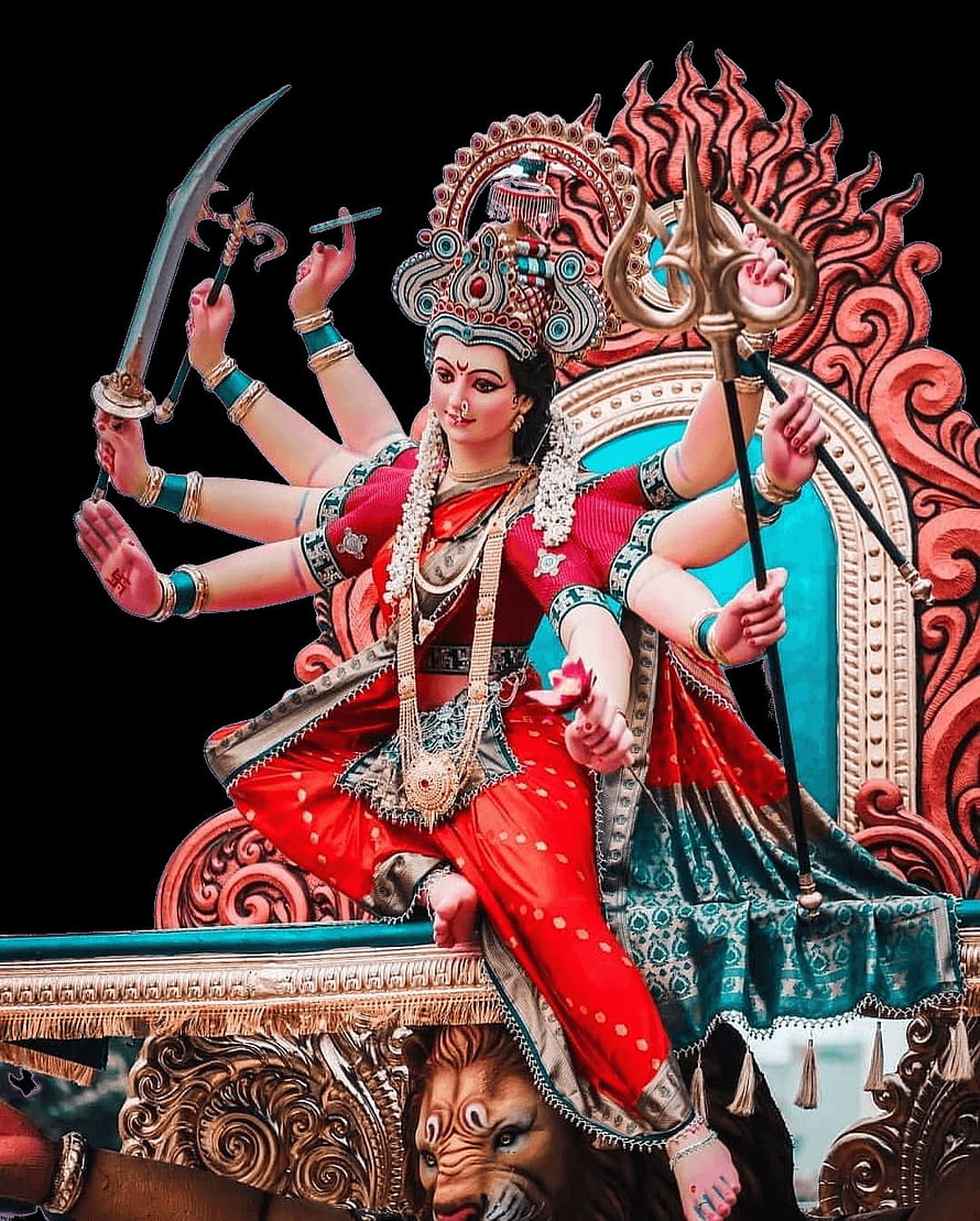 Goddess Durga Statue with Multiple Arms Holding Weapons and Trishul on Lion HD phone wallpaper