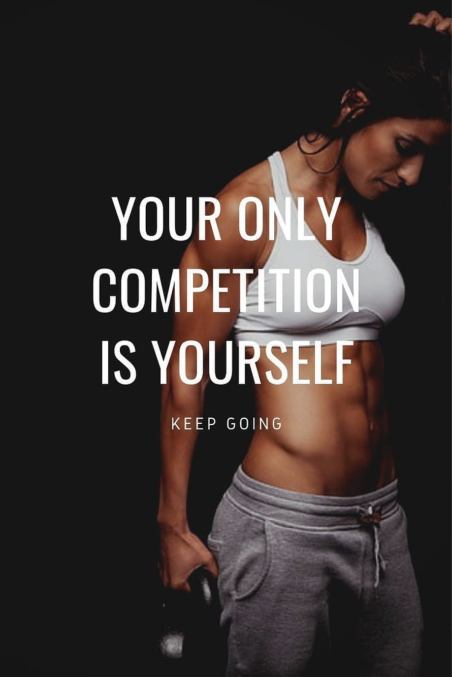 Motivational Fitness Quote Featuring Toned Female Athlete in White Sports Bra and Grey Sweatpants HD phone wallpaper