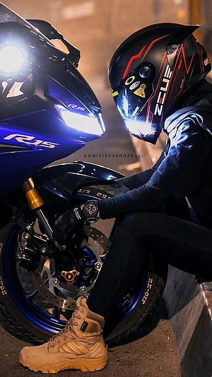 Yamaha R15 Motorcycle Rider in Black Helmet and Tan Boots Night Scene HD phone wallpaper