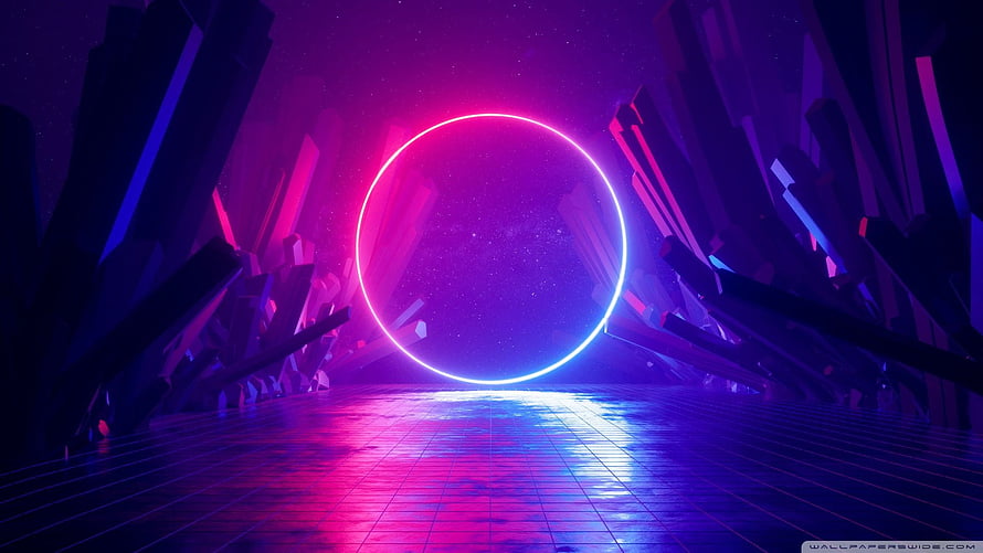 Neon Purple Space Ring with Crystal Formations and Reflective Grid Floor HD wallpaper