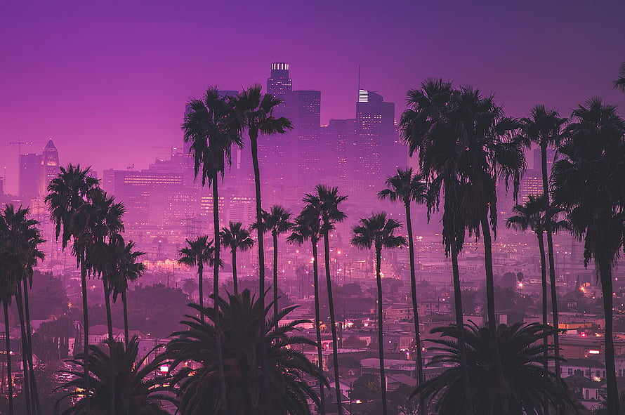 Los Angeles Skyline at Dusk with Palm Trees in a Purple Synthwave Aesthetic HD wallpaper