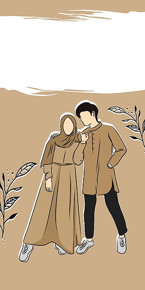 Muslim Couple Illustration in Matching Brown Outfits HD phone wallpaper