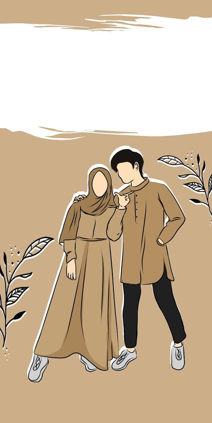 Muslim Couple Illustration in Matching Brown Outfits HD phone wallpaper