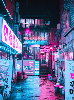 Neon-lit Seoul alleyway at night with vibrant pink and blue cyberpunk street photography HD phone wallpaper