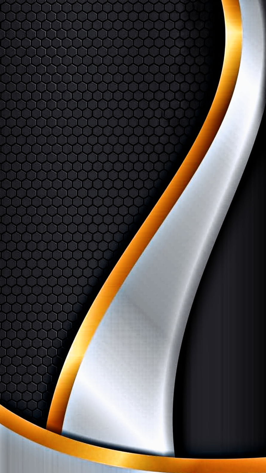 Abstract metallic curves with orange accents on a dark hexagonal mesh background HD phone wallpaper