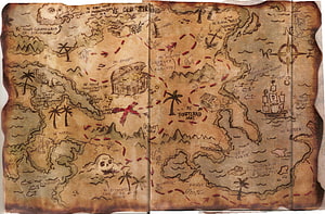Hand-drawn vintage pirate treasure map with aged parchment texture and red dashed route HD wallpaper