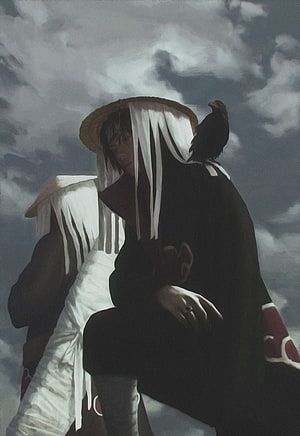 Itachi Uchiha and Kisame Hoshigaki in Akatsuki Robes Under Stormy Skies HD phone wallpaper