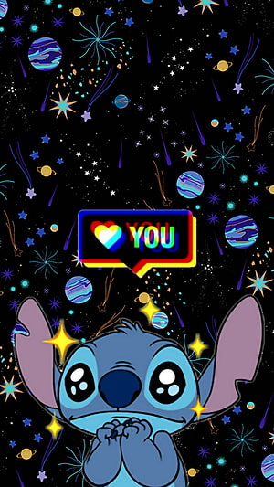 Cute Stitch from Lilo and Stitch in a colorful cosmic space scene with planets and stars HD phone wallpaper
