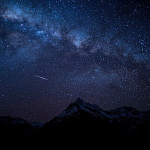 Milky Way Galaxy and Shooting Star Over Snow-Capped Mountain Peaks at Night HD phone wallpaper