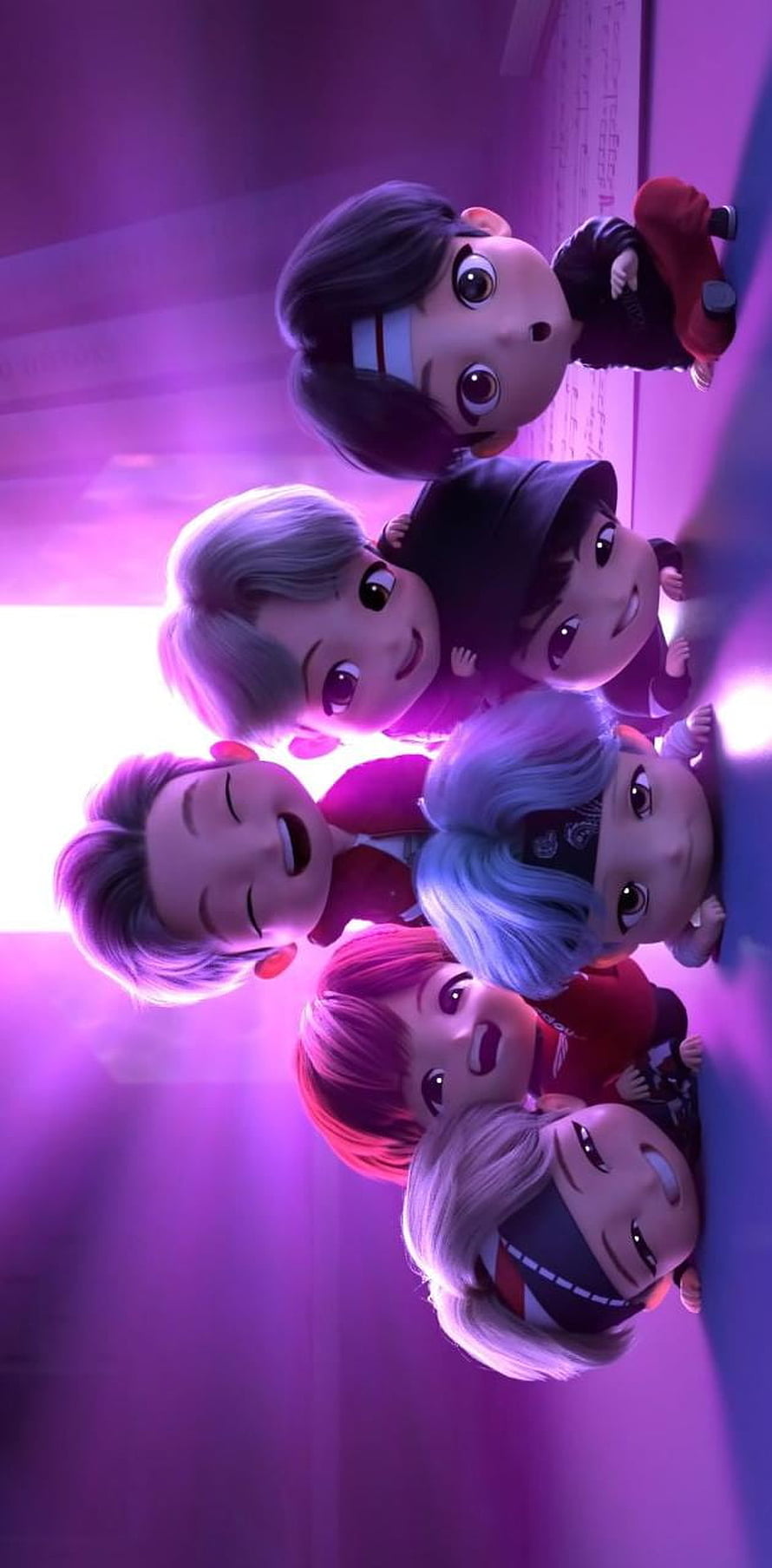 BTS Chibi Characters Group Portrait in Purple Neon Light HD phone wallpaper