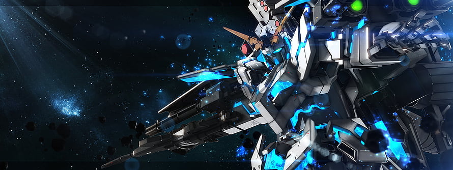Gundam Mobile Suit in Deep Space with Blue Energy Effects and Starfield Background HD wallpaper