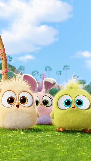 Three Fluffy Cartoon Birds Standing on Green Grass Under Blue Sky HD phone wallpaper