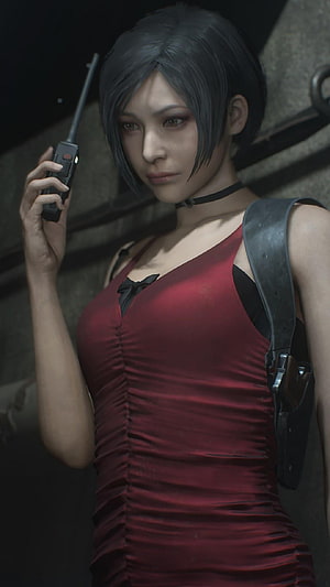 Ada Wong in Red Dress Holding Walkie-Talkie from Resident Evil 2 Remake HD phone wallpaper