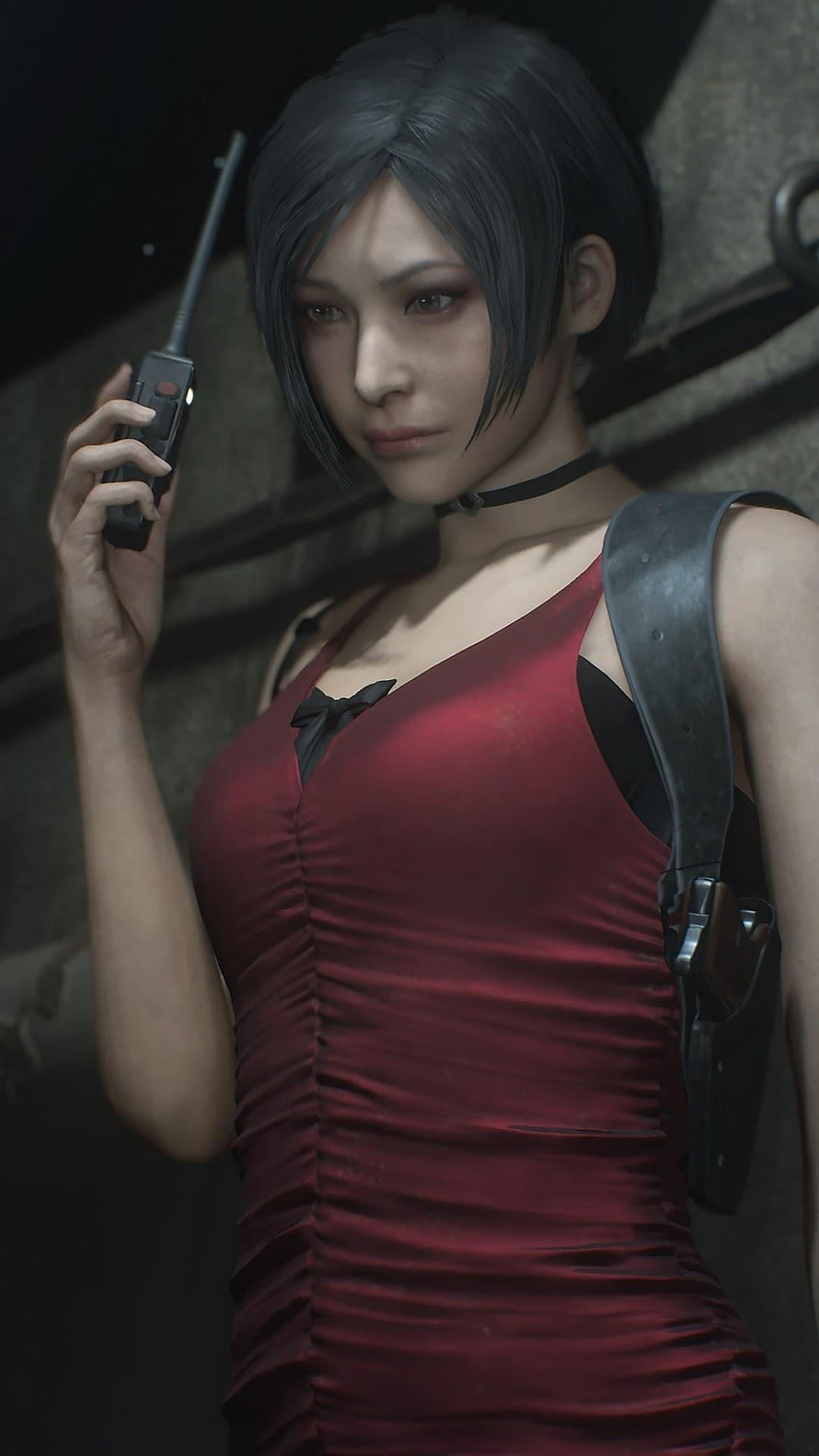 Ada Wong in Red Dress Holding Walkie-Talkie from Resident Evil 2 Remake HD phone wallpaper