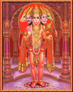 Panchmukhi Hanuman Devotional Artwork with Five Faces and Golden Ornamentation, Hanuman Ji, Panchmukhi Hanuman HD phone wallpaper