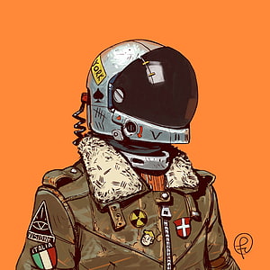 Illustration of a character in a retro astronaut helmet and military jacket with patches on orange background HD phone wallpaper
