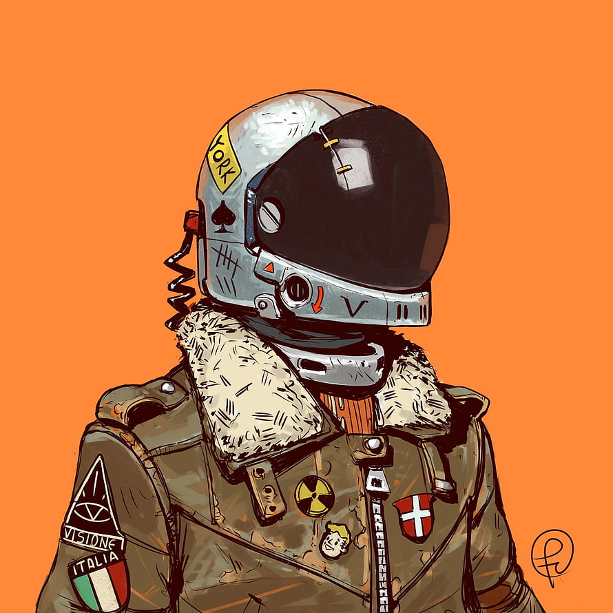 Illustration of a character in a retro astronaut helmet and military jacket with patches on orange background HD phone wallpaper