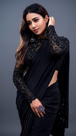 Elegant Woman in Black Saree with Sequined Blouse and Statement Ring, Nivetha pethuraj, , tamil actress, saree beauty HD phone wallpaper