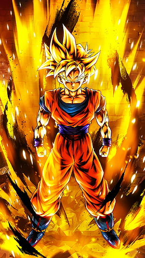 Super Saiyan Gohan in Dragon Ball Legends with Golden Aura and Fiery Energy HD phone wallpaper