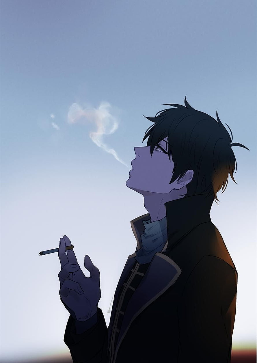Anime Boy Smoking Cigarette Against Blue Sky HD phone wallpaper