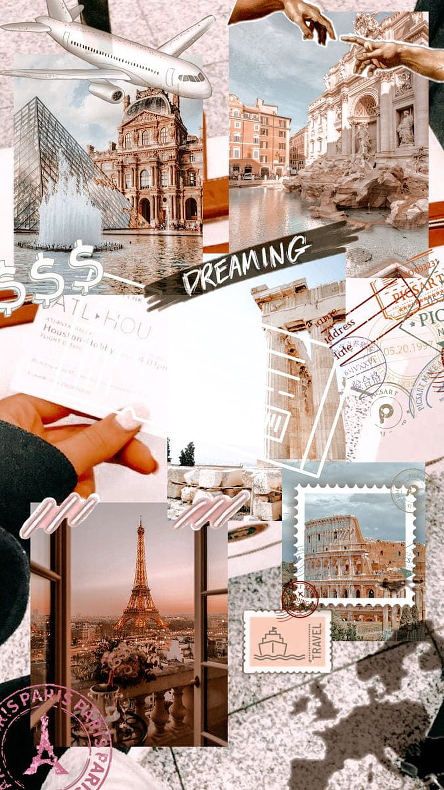 Vintage European Travel Collage Featuring Paris and Rome Landmarks HD phone wallpaper