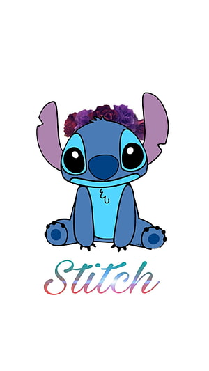 Cute Stitch from Lilo and Stitch Wearing a Purple Flower Crown on White Background HD phone wallpaper