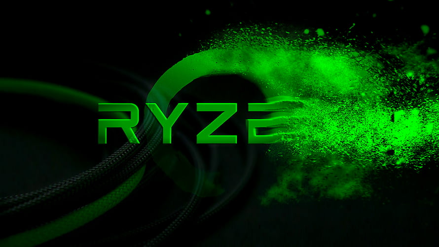AMD Ryzen Green Particle Explosion and Braided Cables on Black Background HD wallpaper