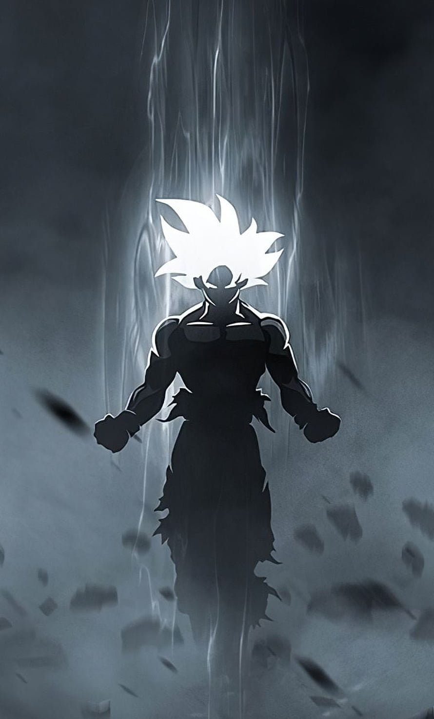 Silhouette of Goku in Ultra Instinct Form with Glowing White Hair and Energy Aura HD phone wallpaper