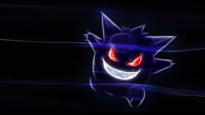Gengar from Pokemon with glowing red eyes and a sinister grin against a dark background HD wallpaper