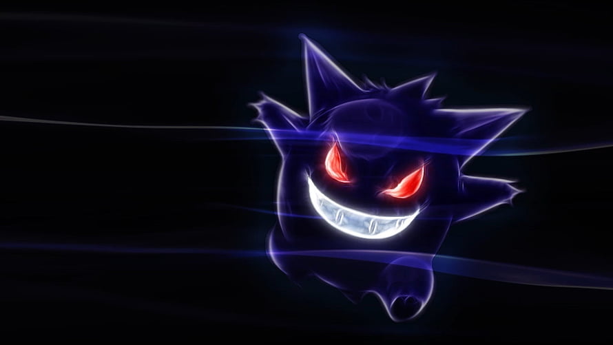 Gengar from Pokemon with glowing red eyes and a sinister grin against a dark background HD wallpaper