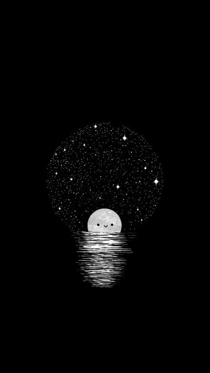 Cute Kawaii Moon With Starry Sky Reflection On Water Black And White HD phone wallpaper