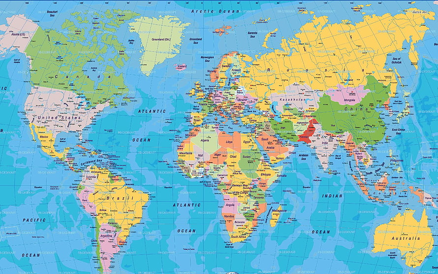 Detailed World Political Map with Country Borders and Ocean Labels HD wallpaper